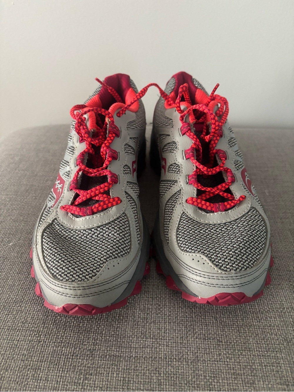 Gray and Red Trail Running Sneakers